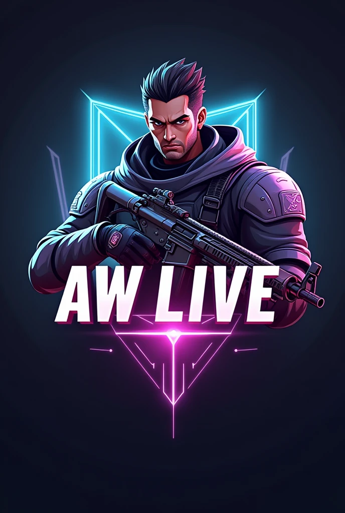 Make a gaming logo , titled as AW LIVE and has a free fire character chrono in the ratio of 1:1