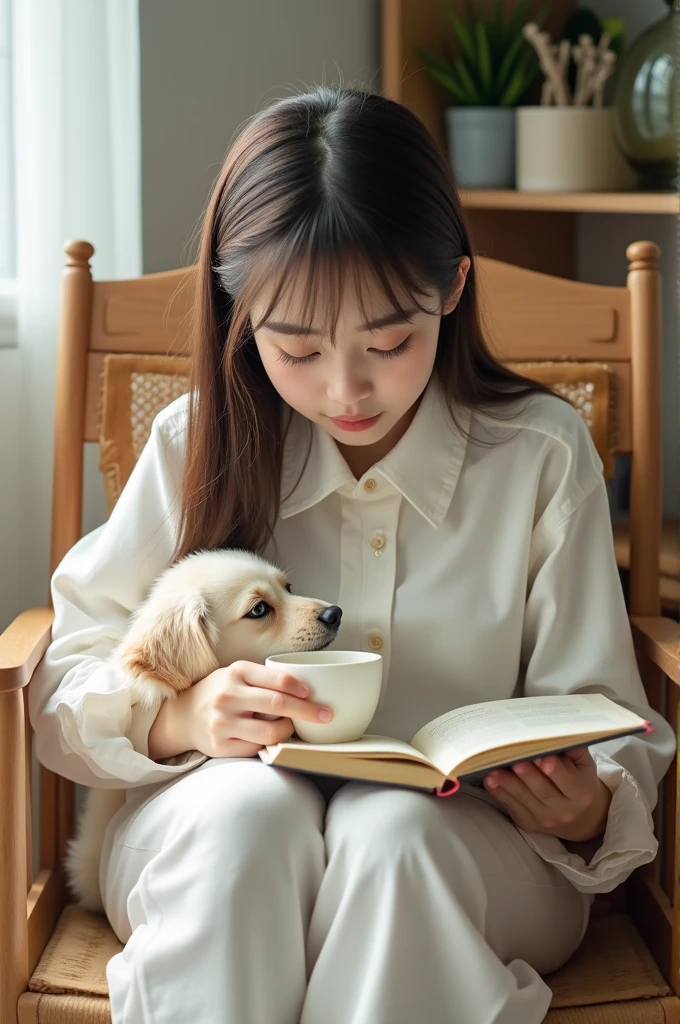 A Korean girl with a fat face studying on a chair and drinking tea with a cup and a book. She is beautiful and plays with her dog&#39;s head. She wears white clothes.