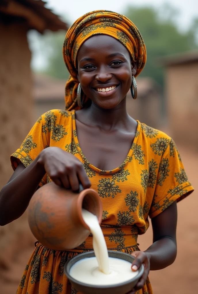 Jeune femme haoussa de 25ans souriant vus de face et renverssant du lait contenu dans une calebasse africaine