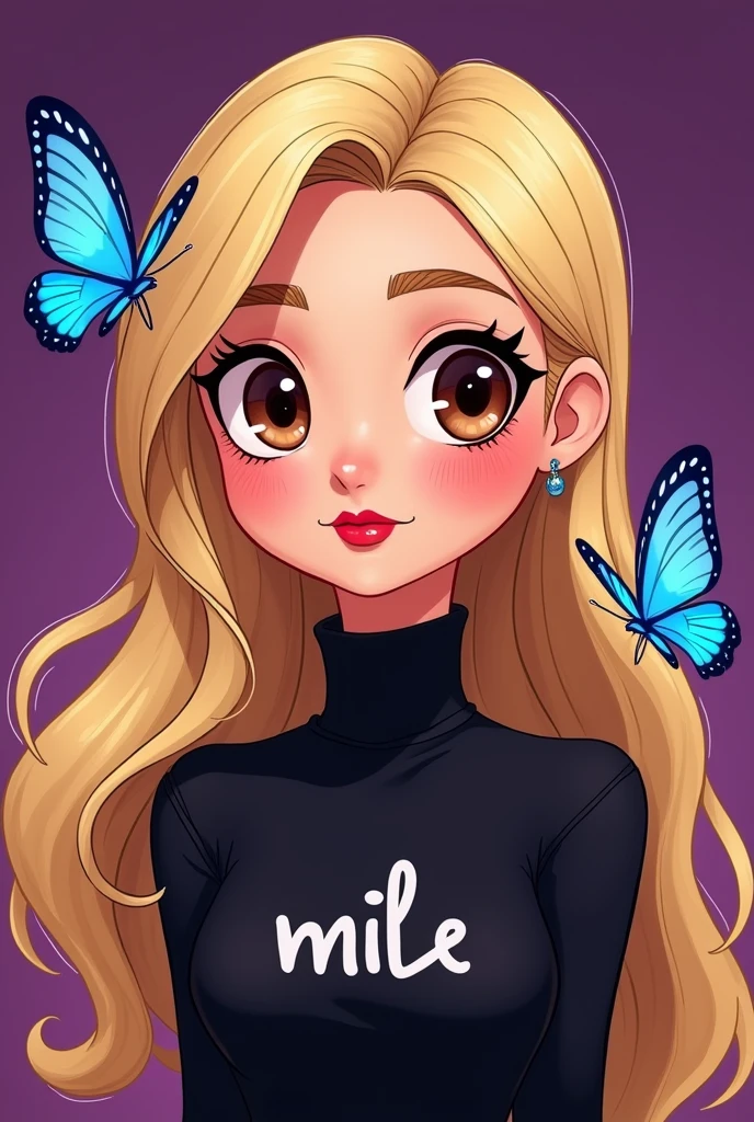 Cartoon style female character, eyes browns, blonde hair long, red lipgloss stick, black turtleneck blouse written "mile", purple background with a bright blue butterfly