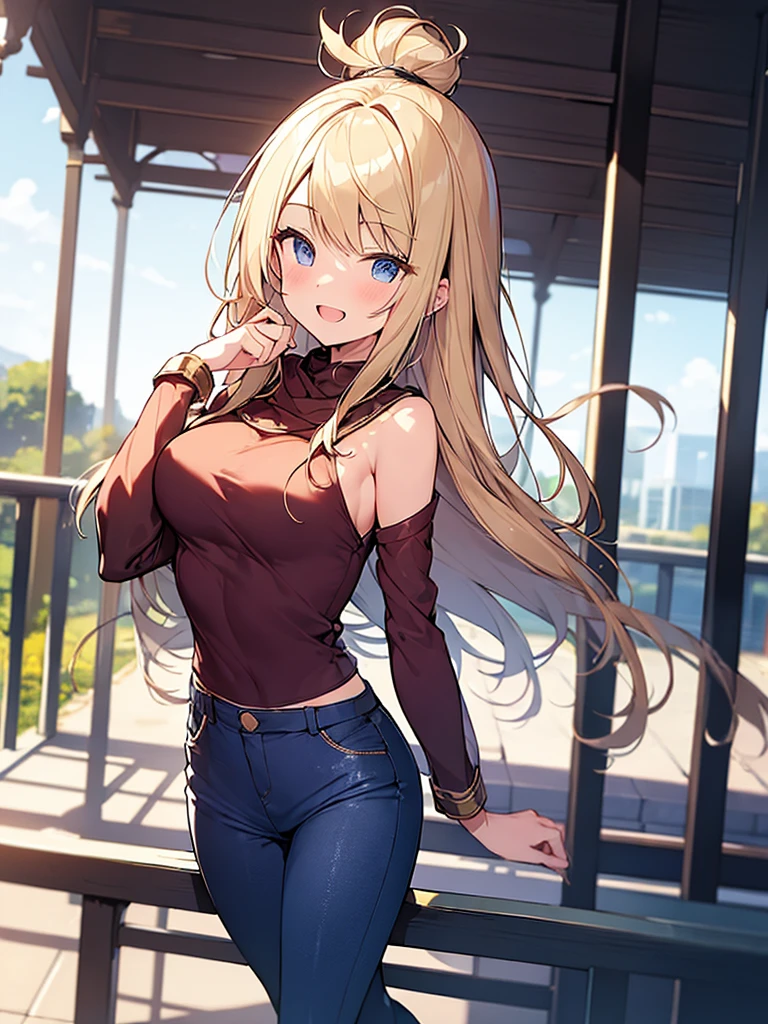 (Masterpiece, Top quality:1.5), full body, (1 beautiful girl, solo:1.2), (short height:1.2), (Velvet Skinny Pants:1.3), Blonde hair:1.1, medium Hair, wavy Hair, asymmetry bangs, swept bangs, airy hair, large breasts:1.2, smile:1.3, blush, beautiful scene of station platform, magnificent panorama view, blurry background, open mouth, dynamic pose, dynamic angle