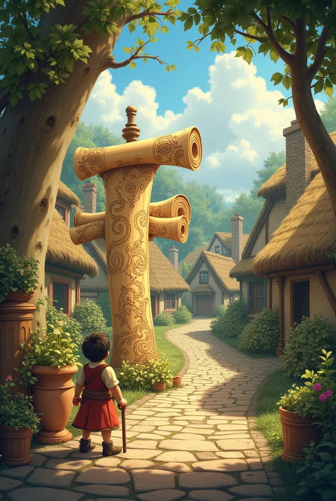 An image about the first animated letter about the story with a village with a scroll 