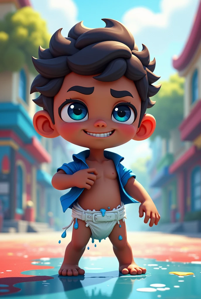 Inkling boy, splatoon, shirt lifted up, dark skin, diaper, wet diaper. anime art style