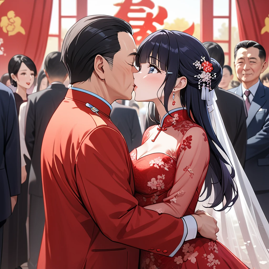 ((Highest quality)), ((masterpiece)), (detailed), （Perfect Face）、The woman is Aoki Reika, with medium-long hair, wearing a red Chinese wedding dress and an engagement ring.、The woman married a middle-aged man who is a member of the Chinese Communist Party, and they embraced each other, kissed each other, and held a grand wedding ceremony.