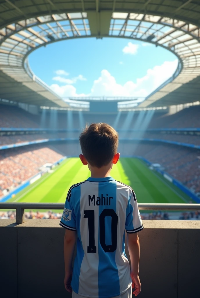 A 1 boy in argentina football jersey looking back and jersey number 10 name mahir and dressed white boy standing in the gallery inside the stadium his ohit 50 kg