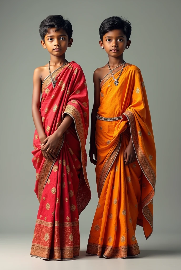 (photorealism:1.2),  boys wearing saree. The saree should be traditional Indian women saree. They should be standing. Their height should be 5'5
