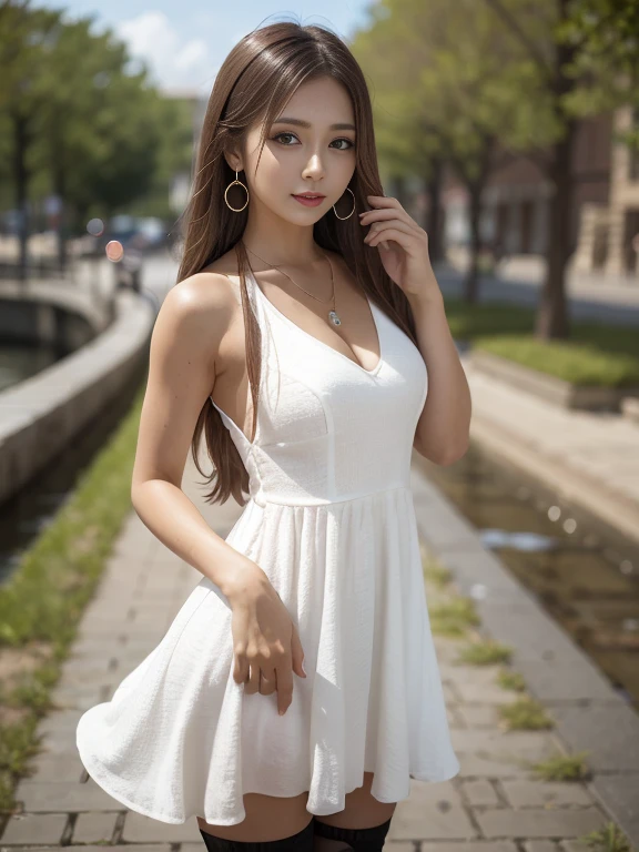 One girl,alone,Long Hair,chest,View your viewers,Brown Hair,Black Hair,hair ornaments,Knee socks,dress,Brown eyes,jewelry,Earrings,Outdoor,Day,water,necklace,white dress,Blurred,wood,Blurred background