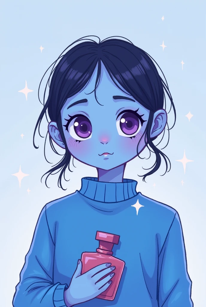 digital illustration simple shapes soft lines cartoon style, modern youth with a touch of minimalist surrealism , with a minimalist single-color background ( light blue ) with details in soft lines and soft star patterns  , a blue skinned woman with big purple eyes cartoonishly holding a bottle of perfume wearing a blue sweater , with soft shadows around her eyes , Ear piercings on forehead calm expression