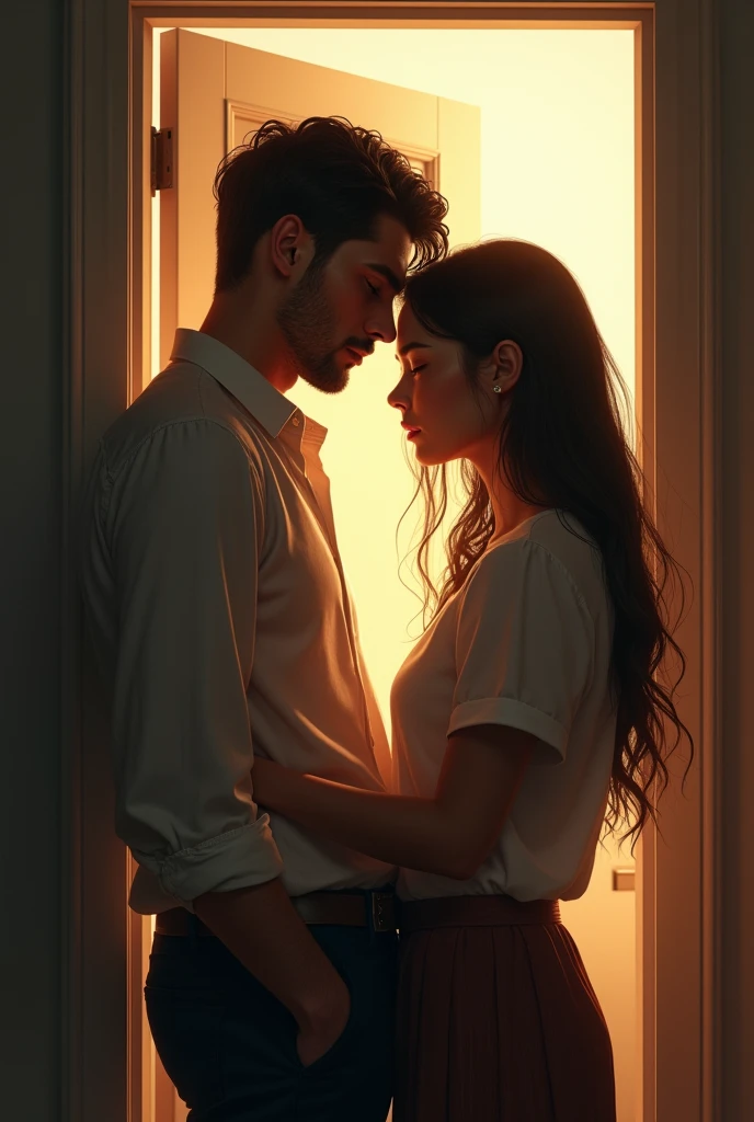 Ek handsome man jisne shirt or pent pehni h ek beautiful women jisne shirt or skart pehni h darwaje par khade or unke face par udasi h or shocked hokarh seen morning ka h or sun light dikh rhi h