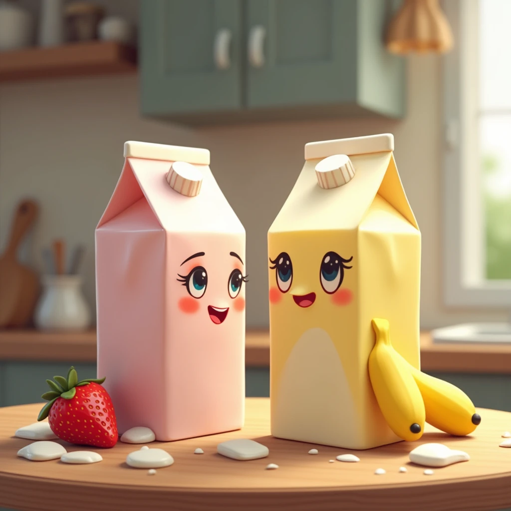 There is a carton of banana milk and a carton of strawberry milk on a table in a kitchen. milks humanoid eyes, has a nose and lips. strawberry milk feminine, banana milk manly. They are flirting and happy on the table..
