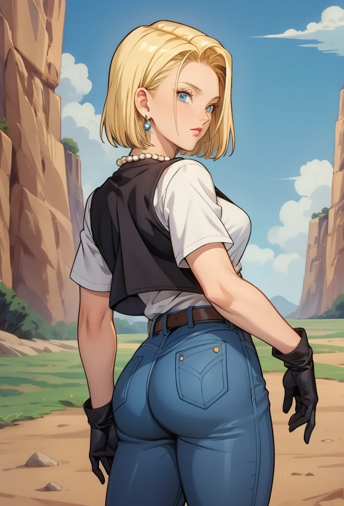 perfect eyes:1.2, detailed eyes:1.4, serious, sysdeep_android18, breasts, blonde hair, blue eyes, short hair, earrings, black waistcoat, jeans, belt, black gloves, white shirt, pearl necklace, cowboy shot, 1girl, solo, (masterpiece:1.6, best quality), 8k, insane details, intricate details, hyperdetailed, hyper quality, high detail, ultra detailed, professional, HDR, ray tracing reflection, cinematic lighting,
