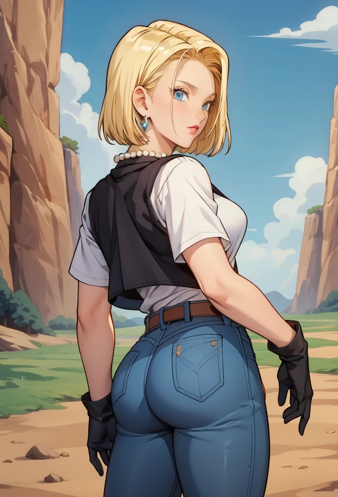 perfect eyes:1.2, detailed eyes:1.4, serious, sysdeep_android18, breasts, blonde hair, blue eyes, short hair, earrings, black waistcoat, jeans, belt, black gloves, white shirt, pearl necklace, cowboy shot, 1girl, solo, (masterpiece:1.6, best quality), 8k, insane details, intricate details, hyperdetailed, hyper quality, high detail, ultra detailed, professional, HDR, ray tracing reflection, cinematic lighting,
