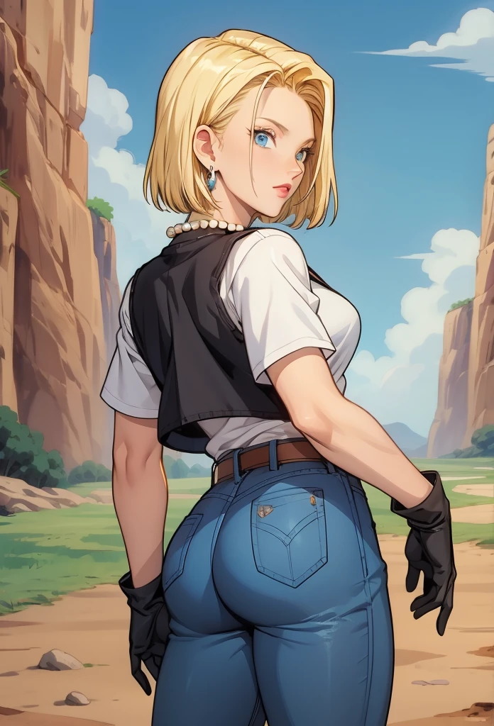 perfect eyes:1.2, detailed eyes:1.4, serious, sysdeep_android18, breasts, blonde hair, blue eyes, short hair, earrings, black waistcoat, jeans, belt, black gloves, white shirt, pearl necklace, cowboy shot, 1girl, solo, (masterpiece:1.6, best quality), 8k, insane details, intricate details, hyperdetailed, hyper quality, high detail, ultra detailed, professional, HDR, ray tracing reflection, cinematic lighting,
