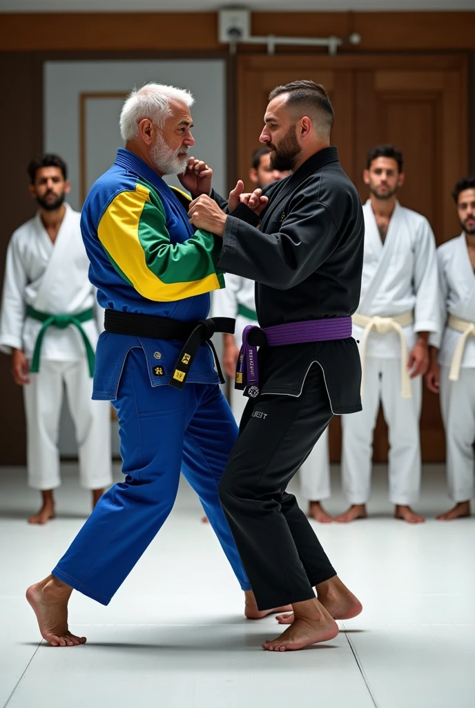  Elderly man wearing a tight-fitting jiu-jitsu kimono in the colors of the Brazilian flag with a black sash tied around his waist, fighting jiu-jitsu with a man wearing a black kimono with a purple belt tied around his waist 
, They are in a jiu-jitsu school with other students who wear white kimonos with a white belt tied around their waists., on a white mat