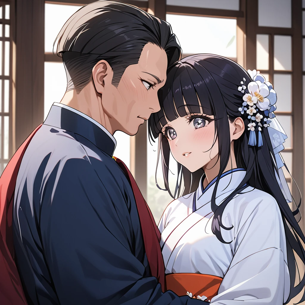 ((Highest quality)), ((masterpiece)), (detailed), （Perfect Face）、The woman is Reika Aoki with semi-long hair、The woman is wearing a North Korean traditional traditional dress and is getting married to a middle-aged North Korean man.