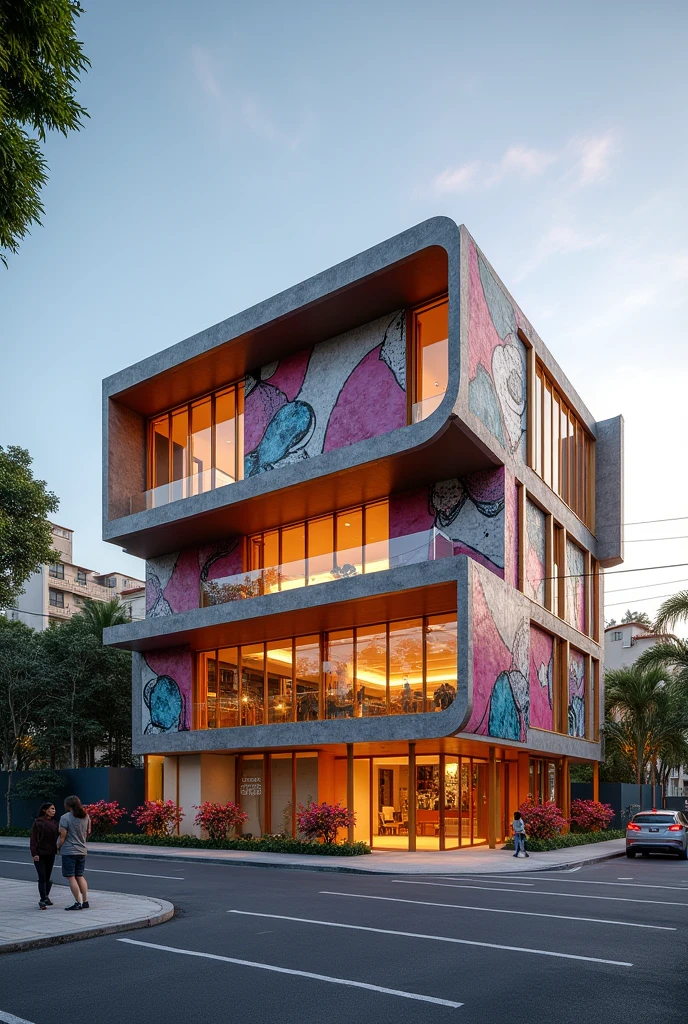 Music and Dance Center "Art in Motion" in the municipality of Chapecó, santa catarina, brazil. Building with three floors and garage in the basement, corner lot and amphitheater on the outside. vegetation in the surroundings.