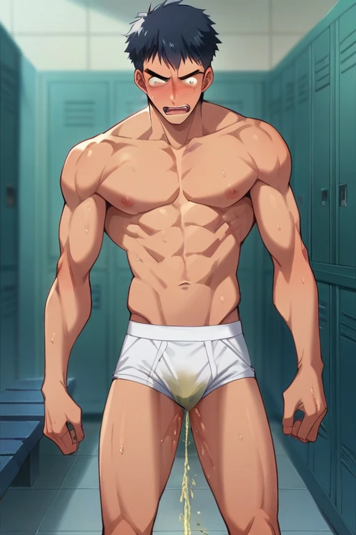 Anime, In Locker room, young slender and mascular man in his tighty whities is peeing himself. He couldn't hold his pee. There's a pee wet spot on his briefs. He looks ashamed of peeing himself and embarrassed. Anime