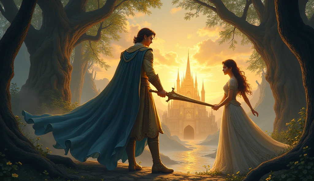 "A captivating fantasy illustration depicting a brave prince wielding a shining sword, a beautiful princess in elegant attire stands with a determined expression, symbolizing courage and resilience. The background features a mystical forest with towering trees, a dark cave entrance, and a golden, radiant kingdom on the horizon. The overall composition conveys a dramatic, adventurous tale of bravery, love, and the battle between good and evil."

This prompt should provide a compelling visual for a YouTube video thumbnail, capturing the essence of the story with elements of fantasy, heroism, and mystery.