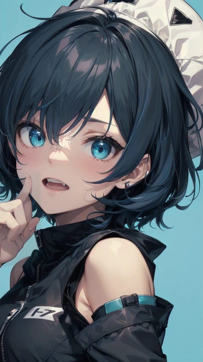 Close-up of a manga girl with blue hair and a yellow shirt, 2D Animation, 2D Animation style, 2D Art, 2D Art, 2D from Gorillaz, 2D from Gorillaz, 2D Gorillaz, Screaming Cerket, 2D Sprite, Jinx Face, short hair, Small breasts, hot pants, ((Black Hair, Inner bright blue hair:1.4))