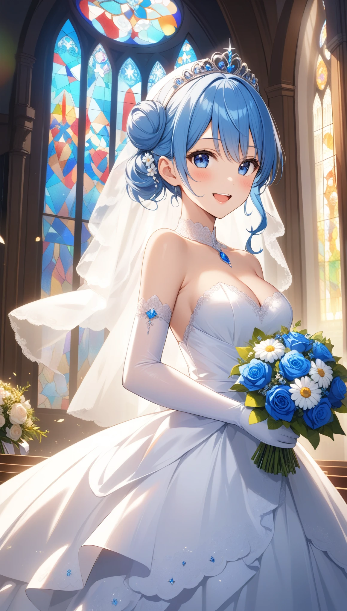 hoshimachi suisei, 1girl, solo, breasts, looking at viewer, blush, smile, open mouth, bangs, blue eyes, gloves, dress, holding, cleavage, bare shoulders, jewelry, medium breasts, blue hair, flower, :d, sidelocks, elbow gloves, indoors, white gloves, hair bun, white dress, strapless, double bun, headphones, tiara, white flower, veil, strapless dress, blue flower, bouquet, wedding dress, bridal veil, symbol in eye, holding bouquet, bride, stained glass, church, ((32k)), ((best quality)), ((ultra high res)), ((HDR)), ((UHD)), ((extremely detailed CG)), ((unity 32k wallpaper)),
