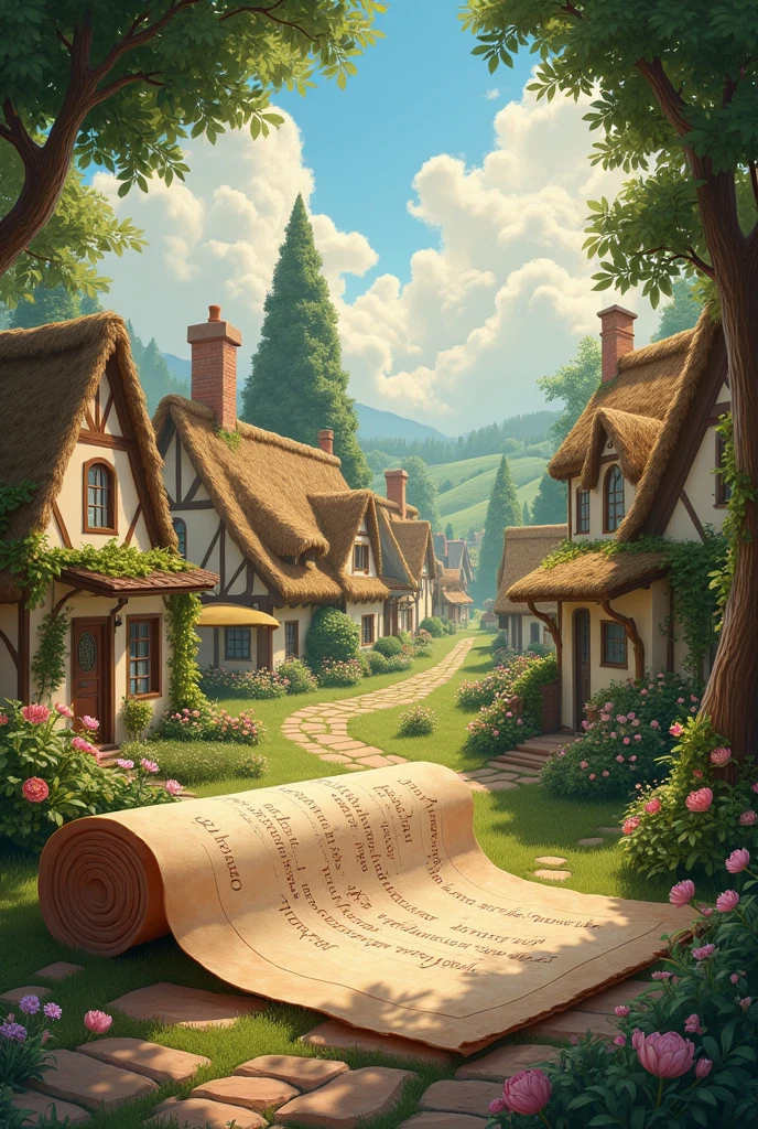 An image about the first animated letter about the story with a village with a scroll