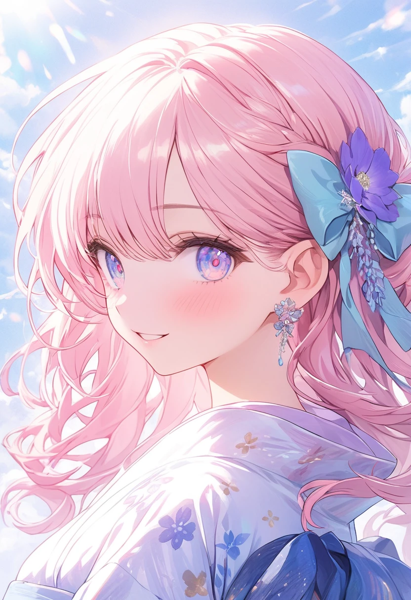 The Goddess of Healing Smiles at You. The surroundings are white、Floral motif background design.Schneider Pastel Ink Details, Soft and wonderful, fluffy, (とても素敵でbeautiful), (Perfect detail)、(pastel colour),Soft texture:1.2.(masterpiece, Highest quality), (beautiful, Detailed eyes), (Detailed eyesと顔),The color is noticeably brighter.Faintly blurred outline,Light-colored yukata,Sparkle and shine are added,4K
