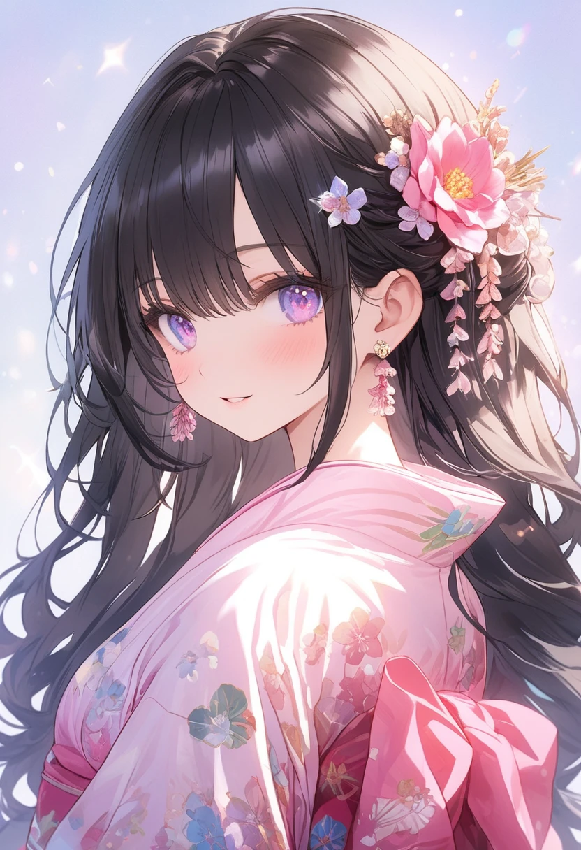 The Goddess of Healing Smiles at You. The surroundings are white、Floral motif background design.Schneider Pastel Ink Details, Soft and wonderful, fluffy, (とても素敵でbeautiful), (Perfect detail)、(pastel colour),Soft texture:1.2.(masterpiece, Highest quality), (beautiful, Detailed eyes), (Detailed eyesと顔),The color is noticeably brighter.Faintly blurred outline,Light-colored yukata,Sparkle and shine are added,4K