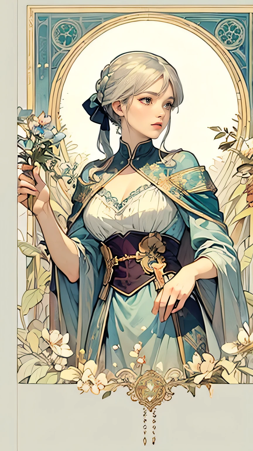 ((masterpiece)), (highest quality), (Cinematic), Art Nouveau watercolor , Floral_background, Intricate designs and patterns in the style of Alphonse Mucha,Artoria Pendragon,destiny/stay