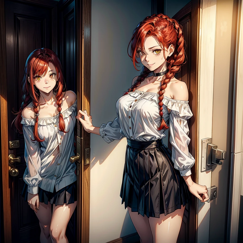 women, natural redhead, by the wide, 2 braids, Whole body, standing, short black skirt, White off-the-shoulder shirt, yellow eyes, chest a little big, Leaning on the entrance of a door, View up, flirtatious smile, mischievous smile.