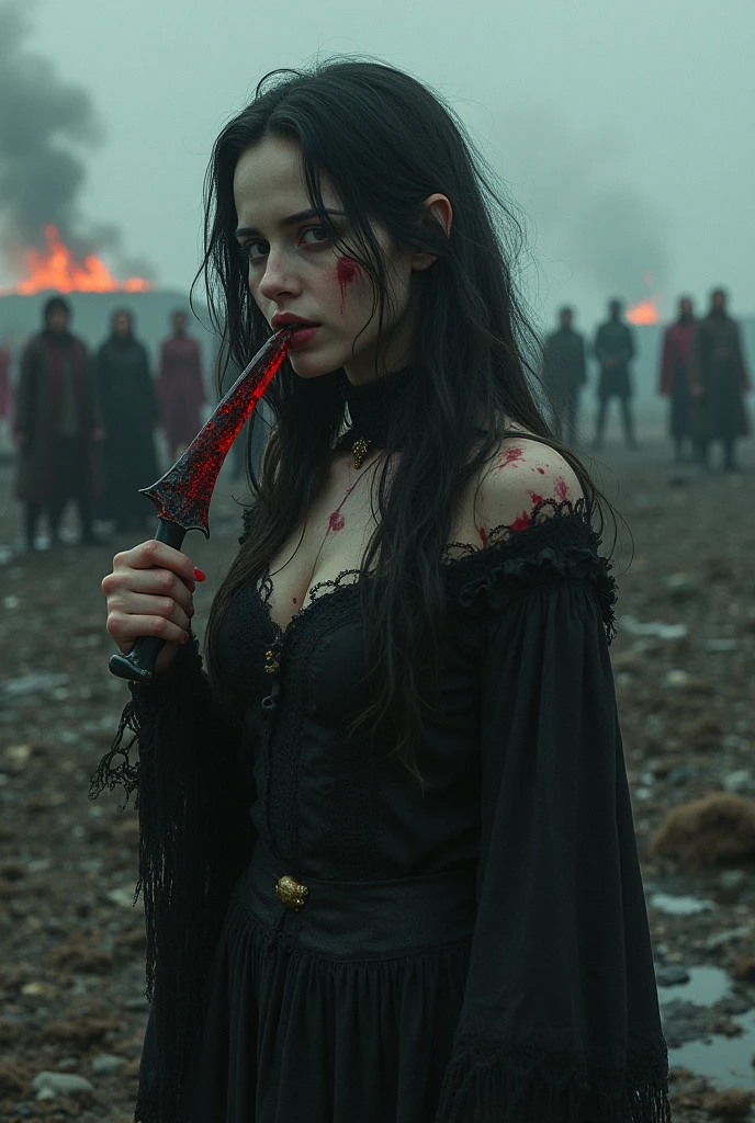 AURORA singer licking the blade with blood with after war match in the background with dark vibe and people crying from sorrow in unison 