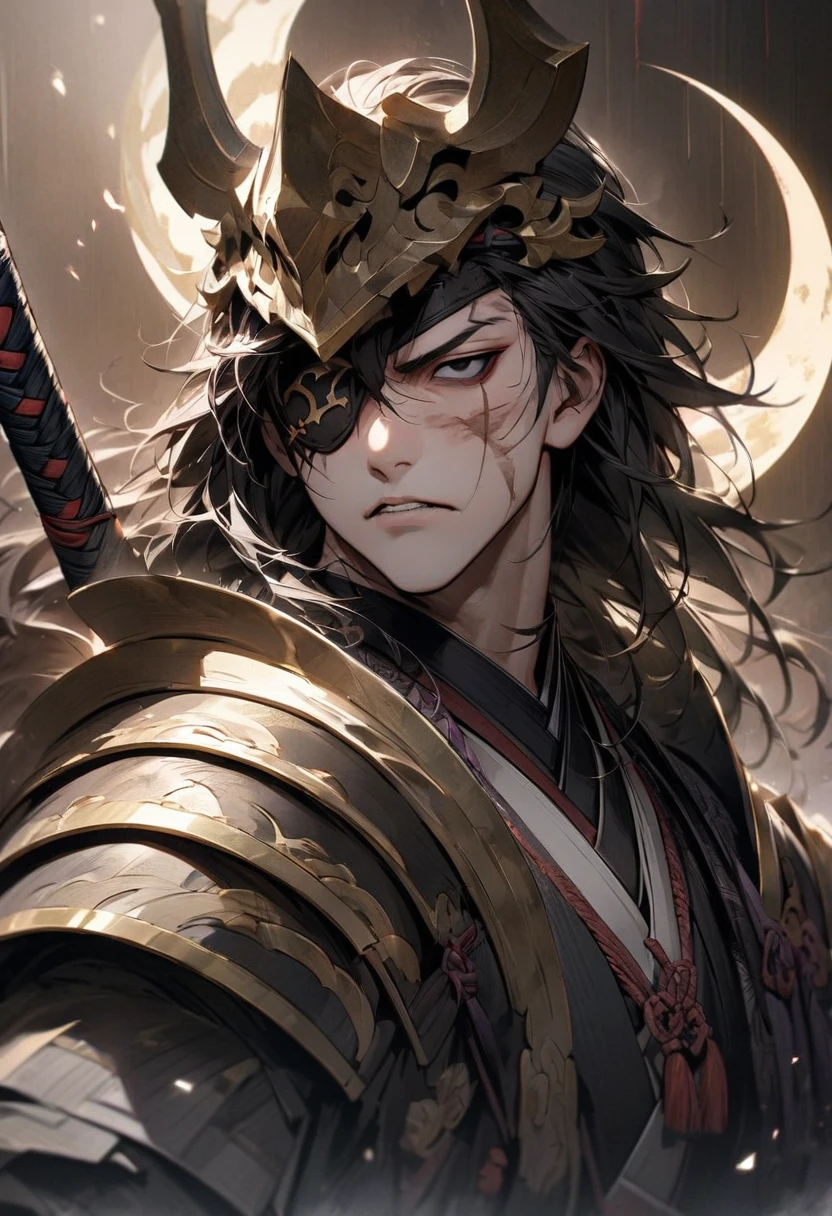 A close-up of a stern and resolute Japanese samurai's face, showcasing his sharp features and a single piercing eye. The right side of his face is covered by a dark eye patch, symbolizing his battle scars. His skin shows signs of weathering, with a strong jawline and thin lips. He is wearing traditional armor, with the intricate details of the kabuto helmet visible, including a prominent golden crescent moon crest. The background is a dimly lit room with traditional Japanese elements, adding depth to his commanding presence."