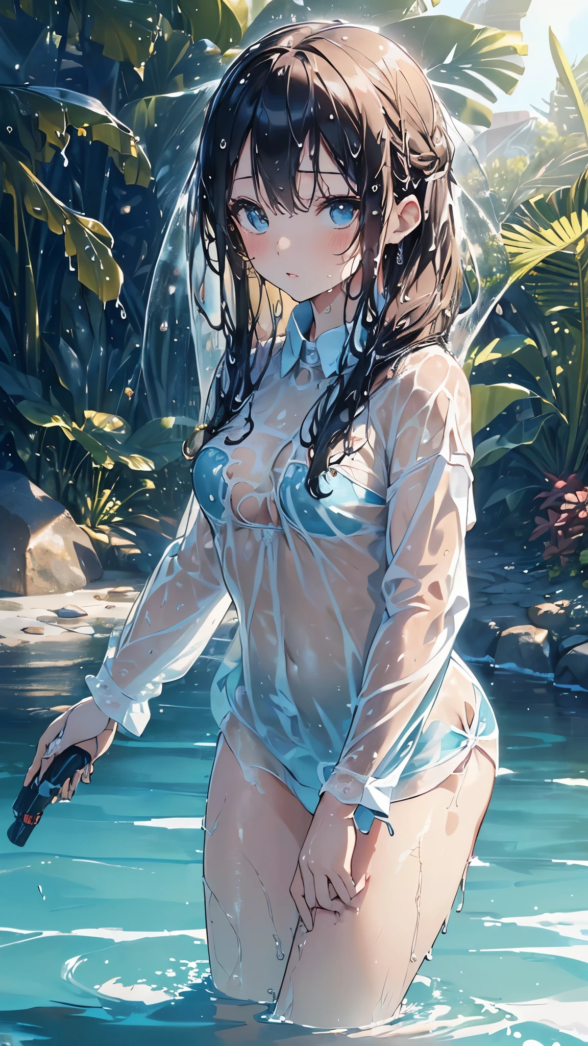 Anime girl in bikini underwater ((Highest quality)),(Ultra-high resolution),(Very detailed),(Detailed Description),((Photorealistic at its best)),(A masterpiece of art),Ultra-detailed art,The art of amazing depiction,(Art rendered in exquisite detail:1.5), (1 female:1.5),Beautiful and well-proportioned face:1.6,Delicate proportions:1.6,(Shirts that get wet and stick to your body:1.8), (Water Play:1.8),(Water gun:1.4),