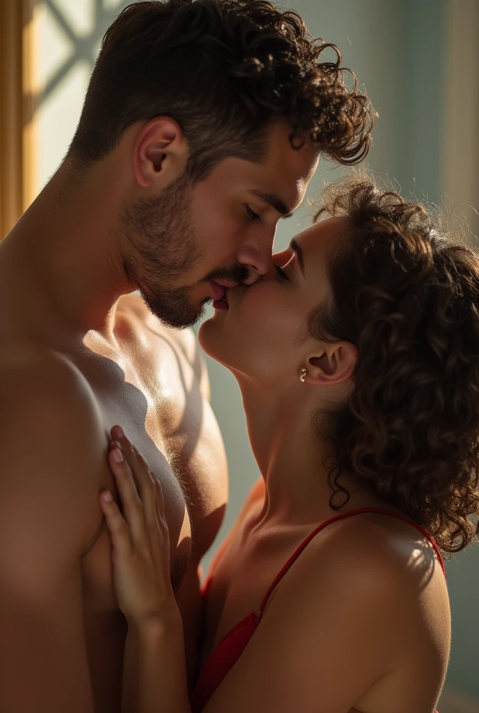 He licks his tits while a girl strokes his dick