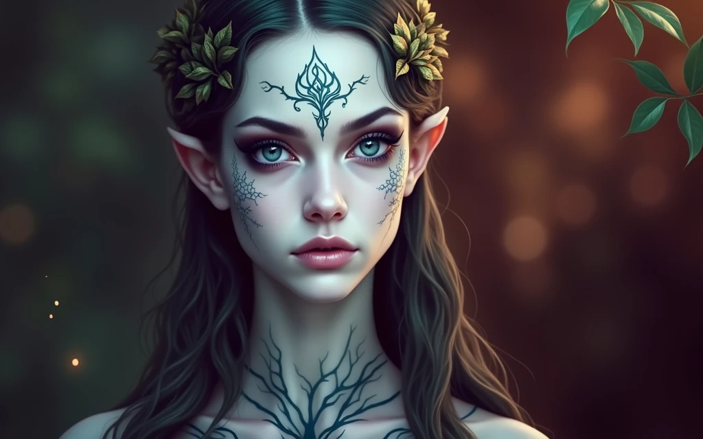 A photograph of an ethereal-looking woman with pale, almost translucent skin and blue markings all over her body. She has large, blue, piercing eyes with a serene but intense expression. Her long, wavy hair is dark green and adorned with small golden and green leaves that shimmer softly in the gloom. The woman wears an elegant dress made of materials that blend in with the surrounding nature. The dress is a deep green with details reminiscent of vines and leaves. The atmosphere surrounding her is magical, with a soft greenish light that seems to emanate from the natural environment.