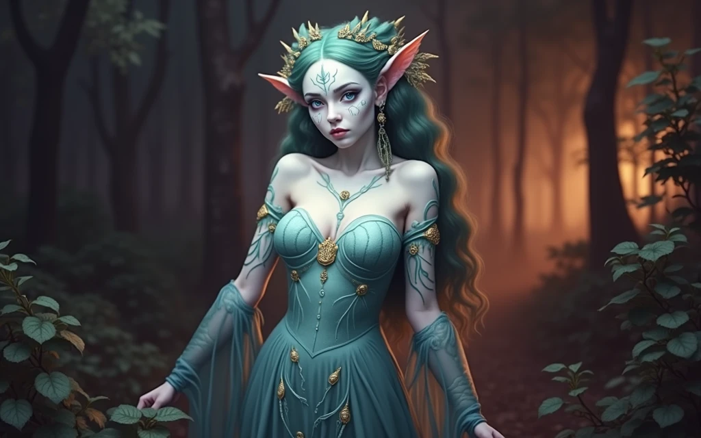 A photograph of an ethereal-looking woman with pale, almost translucent skin and blue markings all over her body. She has large, blue, piercing eyes with a serene but intense expression. Her long, wavy hair is dark green and adorned with small golden and green leaves that shimmer softly in the gloom. The woman wears an elegant dress made of materials that blend in with the surrounding nature. The dress is a deep green with details reminiscent of vines and leaves. The atmosphere surrounding her is magical, with a soft greenish light that seems to emanate from the natural environment.