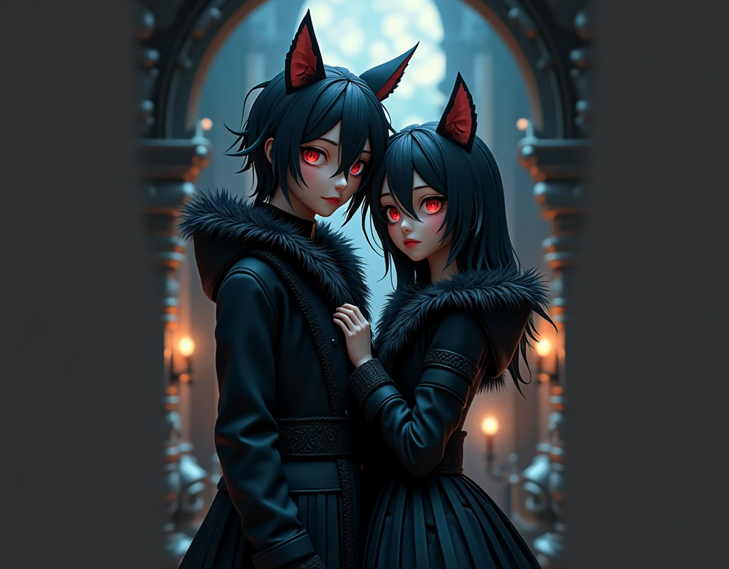 (Straight anime couple: 1.5, Dark style, beautiful eyes, Small pieces, Fluffy black fur), (Gothicdark, Victorian, Gothic, Steampunk style), dark, ambiente oscuro con decoraciones de calaveras 32K, fairy tale: 1.4, Camera cut: 1.4, ((An atmosphere of dreams, Soft light and magic:1.3)), ((Scenes of imagination)),((perfect, thoroughly.:1.3)), ((full shot: 1.4)), ((best quality)) , ((Masterpiece)), 3d, (There are too many details..: 1.3), ((Grand landscape: 1.3)), ((พื้นหลังat night: 1.3 ))), (((at night:1.2))), (realistic: 1,4), ((front camera)),( (แสงภาพยนตร์at nightที่มีแสงน้อย: 1,2)). 32K.