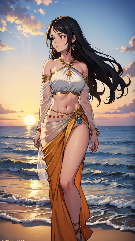 "Create a striking and detailed image of a confident woman standing on a picturesque beach, exuding grace and cultural elegance. She is adorned in a traditional Indian sari, featuring a rich, deep red color with luxurious gold and white embroidery along the edges. The sari's fabric should have a lustrous, flowing quality, gracefully draping over her curves and creating a sense of fluidity in her silhouette. The blouse is intricately designed, complementing the sari with matching embroidery and showcasing a deep neckline that adds a touch of sophistication.
Her long, dark hair cascades down her shoulders in soft waves, catching the gentle sea breeze and adding to her poised and serene demeanor. She wears minimal, yet elegant jewelry, including a delicate gold necklace and matching earrings that subtly enhance her overall look without overpowering it.
In the background, the setting sun casts a warm, golden glow over the scene, reflecting off the calm ocean waves that gently lap against the shore. The sky is a beautiful gradient of warm hues, blending seamlessly from orange to pink, creating a tranquil and dreamy atmosphere. The beach is relatively empty, emphasizing the woman as the focal point of the image, with soft sand underfoot and the soothing sound of waves in the background.
This image should capture a sense of timeless beauty and cultural richness, combining natural elements with traditional attire to highlight the elegance and strength of the woman, creating an aura of serenity and power."