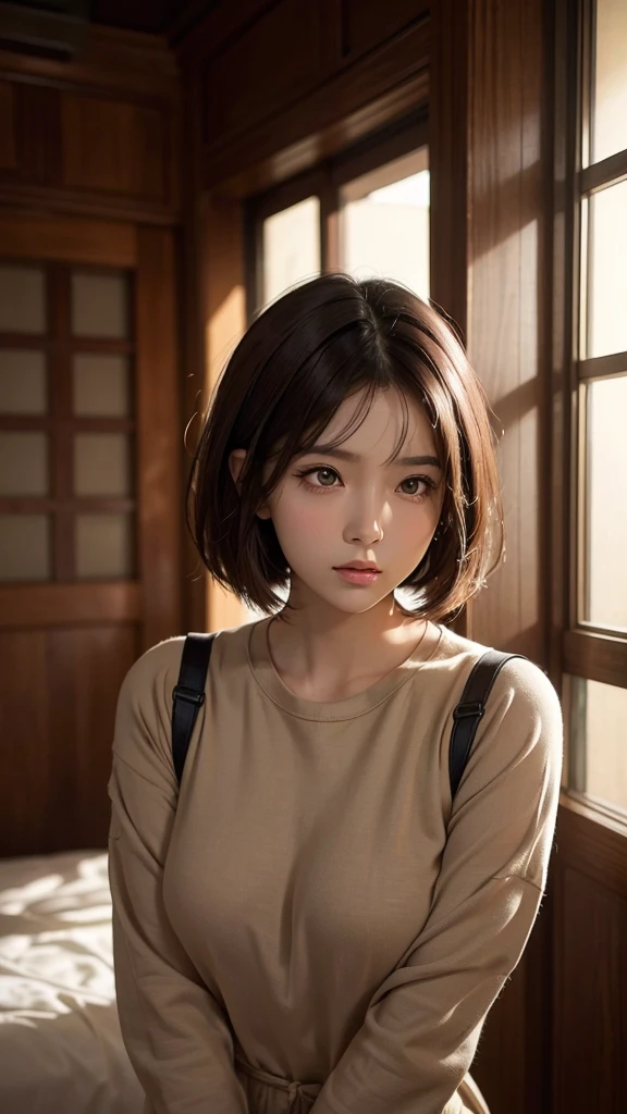 "A beautiful Asian woman with short brown hair stands in a deep thought position.. Her expression showed confusion and hesitation., with his eyes focused but a little hesitant. She has large breasts that are clearly visible in casual but neat clothes.. The background is simple, putting emphasis on his figure which is full of emotions and mental tension."