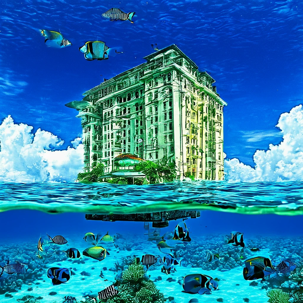 Upside down building, Submerge in water, Coral Reef, Fish swimming in the sky, Surreal