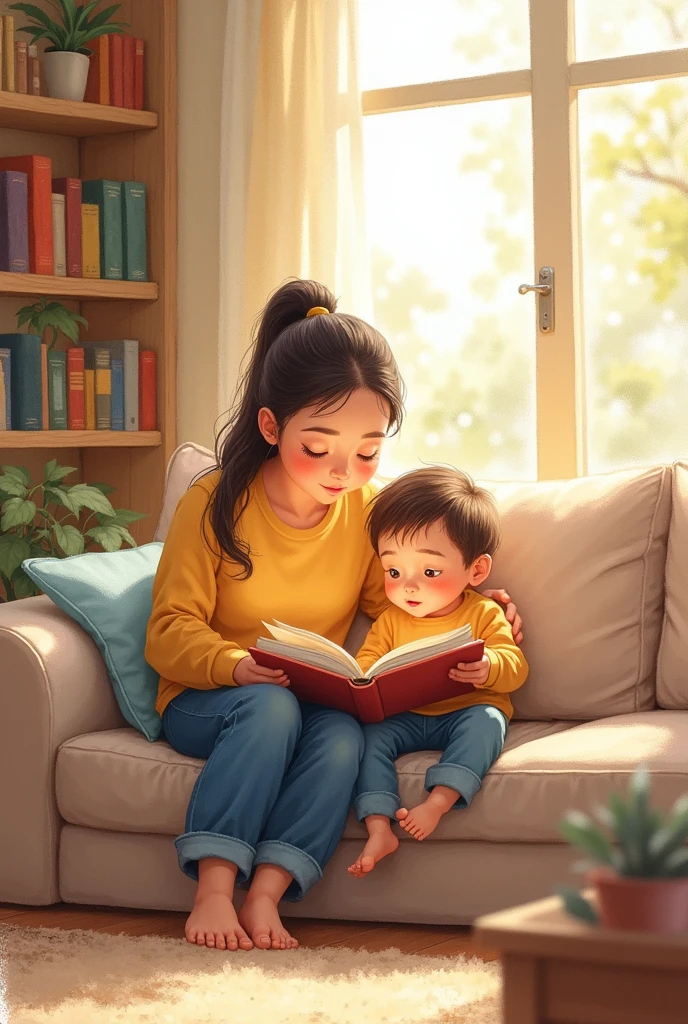 A scene of a parent reading a book to a child on a living room couch, embodying the theme of solidarity and learning at home. The room is filled with soft colors, bookshelves, and a large window letting in afternoon sunlight. Light falls softly, creating a warm and inviting environment. Created using: watercolor illustration, soft brushstrokes, pastel colors, gentle textures, cozy and inviting style, impressionist lighting, natural look, hd quality --ar 4:5 --v 6.0