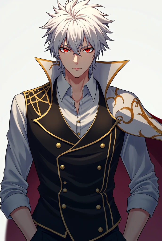 White-haired man in the style of Meliodas from the anime Nanatsu no Taizai with red eyes wearing a gray dress shirt and a black vest with gold details and black pants