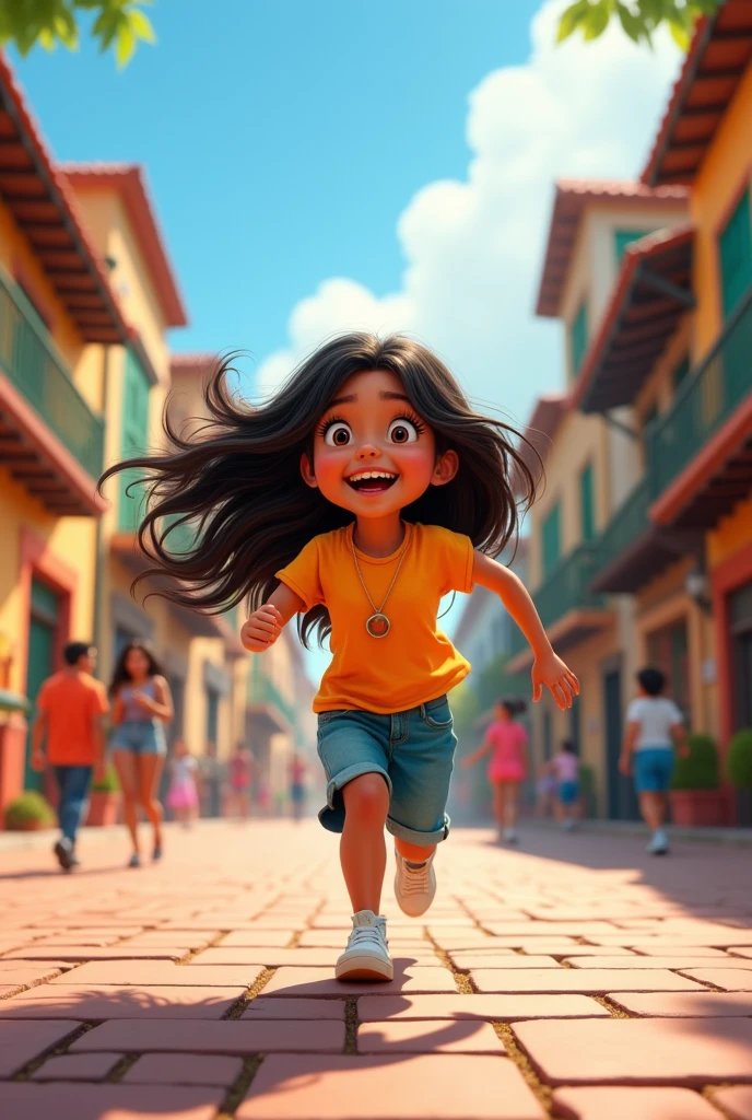  happy latina girl named asenath, running in a town square pixar style drawing 