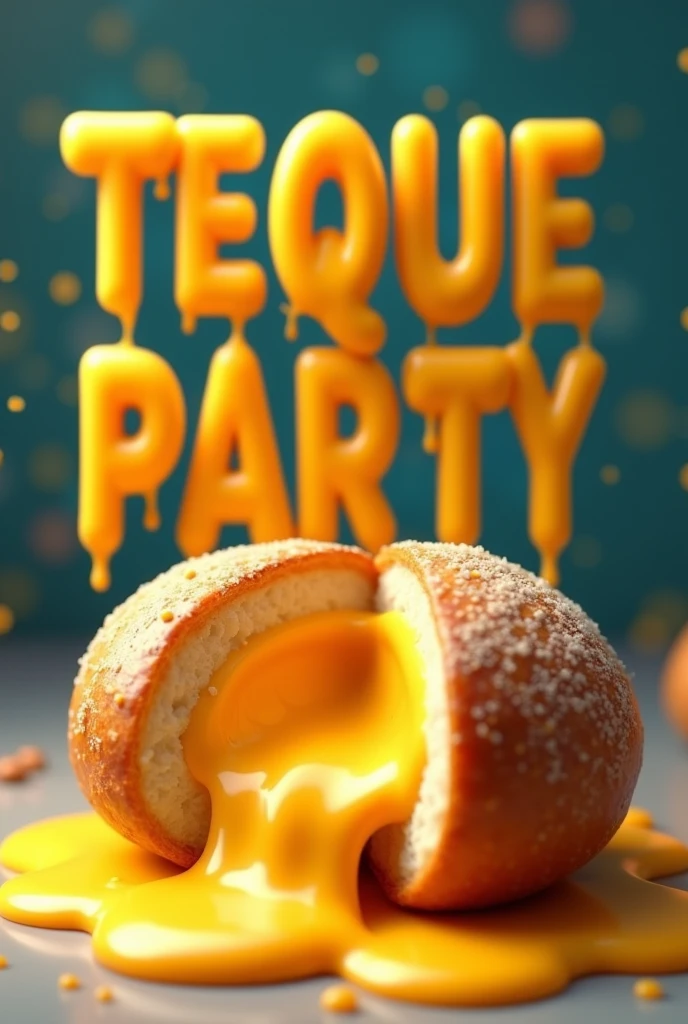Animated graphic type that says Teque Party And above the letters a tequeño divided in half with cheese dripping all over the middle of the tequeño and the letters covered in cheese