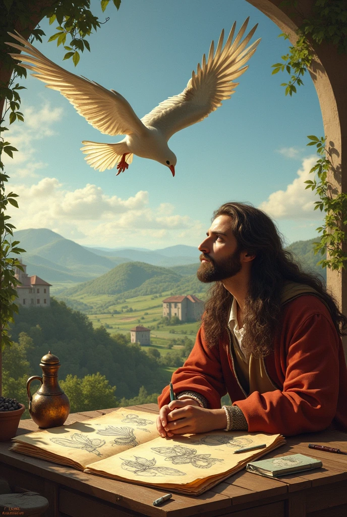 "Leonardo da Vinci observing a bird in flight, with sketches of wing designs and parachutes laid out on a table beside him, outdoors in a beautiful Renaissance-era Italian landscape, realistic and inviting." for kids