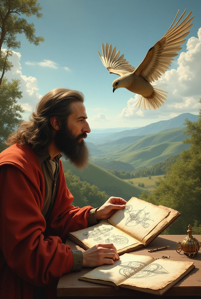 "Leonardo da Vinci observing a bird in flight, with sketches of wing designs and parachutes laid out on a table beside him, outdoors in a beautiful Renaissance-era Italian landscape, realistic and inviting." for kids