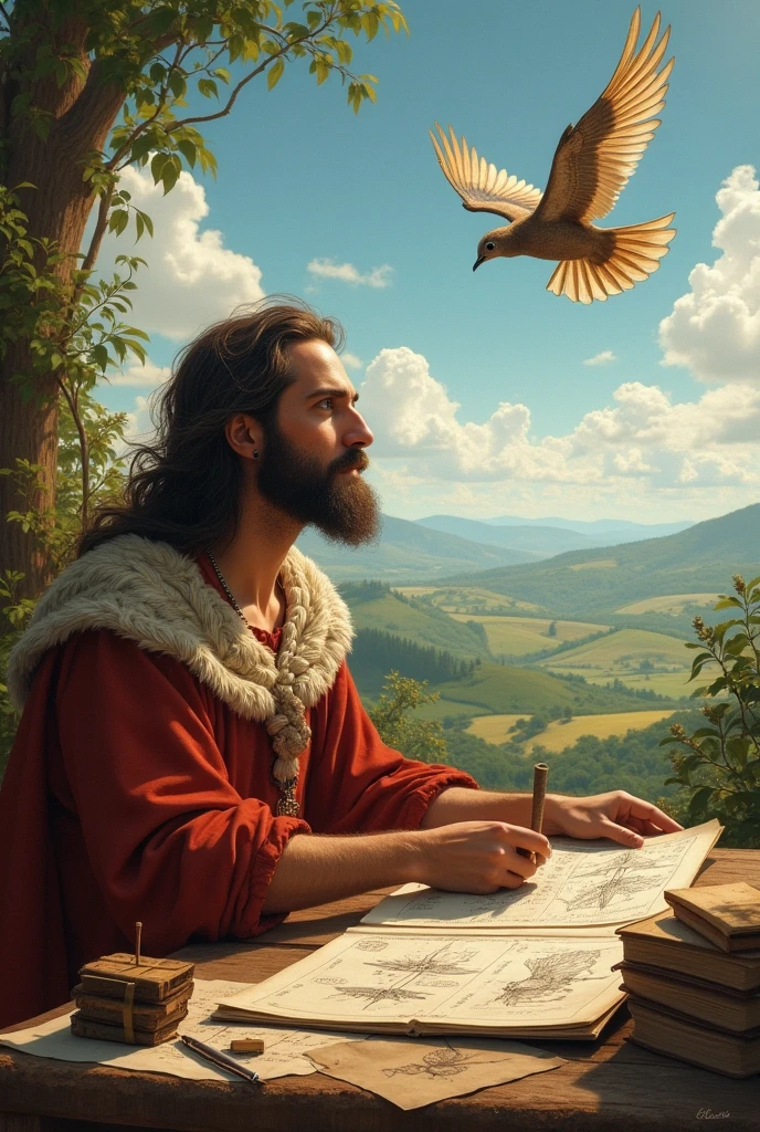 "Leonardo da Vinci observing a bird in flight, with sketches of wing designs and parachutes laid out on a table beside him, outdoors in a beautiful Renaissance-era Italian landscape, realistic and inviting." for kids