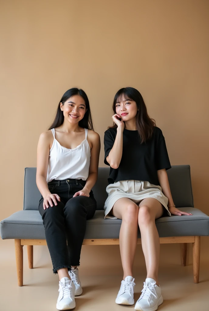 two young women sitting on a bench in front of a beige background. The woman on the left is smiling and looking at the camera. She is wearing a white tank top, black jeans, and white sneakers. The woman on the right is looking to the left and has her hand on her cheek. She is wearing a black shirt, white shorts, and white sneakers. The bench is grey and has wooden legs. The lighting is soft and the overall mood of the image is light and friendly.
