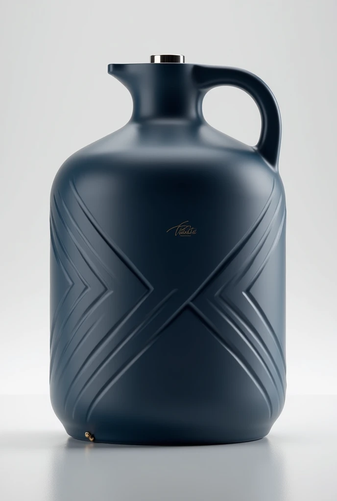 "Design a 15 kg oil container with a high-end, contemporary aesthetic. The container should have a sleek, cylindrical shape with a soft matte navy blue finish. Incorporate a subtle, raised texture with a refined, abstract geometric pattern, such as interlocking diamond shapes or a gradient pattern, to add a sophisticated tactile element.The front of the container should feature a minimalistic, embossed label in a crisp white or silver. The brand’s logo and product details should be presented in a modern, elegant serif font, with the text debossed and filled with a subtle metallic sheen to enhance the premium feel.Integrate a state-of-the-art pour spout that is both functional and discreet. The spout should be designed with a fine, brushed stainless steel or a matching matte navy blue finish, hidden beneath a sleek, magnetic cap that aligns flush with the container's surface when closed. The cap should open with a smooth, effortless motion and provide a clean pour without any drips.The handle should be an integrated part of the design, crafted from polished, brushed stainless steel or a matching matte finish. It should be ergonomically shaped and seamlessly blend into the container’s contour, providing easy carrying while maintaining the sleek aesthetic.The base of the container should have a subtle, elevated design with small, polished rubber feet or metal accents that add stability and prevent slipping. These feet should be discreet but functional, ensuring that the container remains stable on various surfaces.Overall, the design should evoke a sense of luxury, quality, and modern sophistication, ideal for a discerning customer who values both functionality and aesthetic excellence."