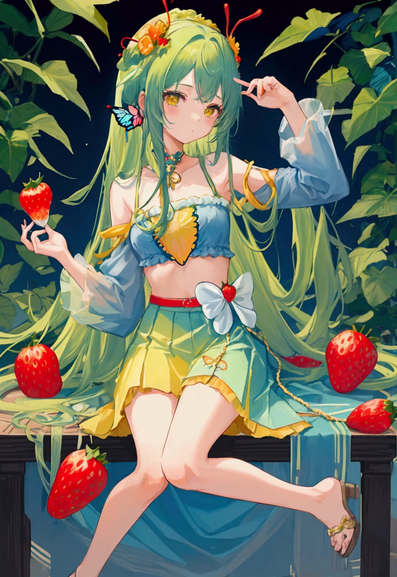 (Masterpiece,Highest quality),(Maximum details),1 girl, long hair, green hair,Strawberries on the head,Red horns,Wear a tube top(Yellow,orange,light blue),Blue waist chain(Butterfly image),Wear a green mini skirt(Gradient)ใส่รองเท้าส้นสูงสีlight blue,มีปีกผีเสื้อสีlight blue,ดวงตาสีlight blue,Cute face,Holding a strawberry,Look at the strawberries,Strawberry garden background,full body image