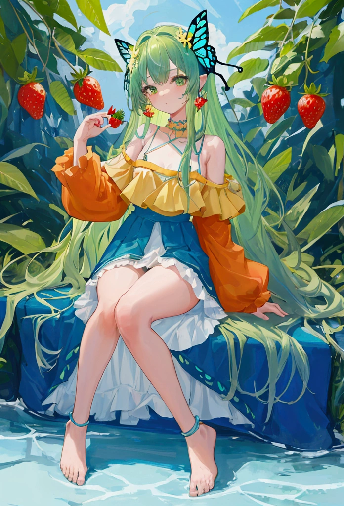 (Masterpiece,Highest quality),(Maximum details),1 girl, long hair, green hair,Strawberries on the head,Red horns,Wear a tube top(Yellow,orange,light blue),Blue waist chain(Butterfly image),Wear a green mini skirt(Gradient)ใส่รองเท้าส้นสูงสีlight blue,มีปีกผีเสื้อสีlight blue,ดวงตาสีlight blue,Cute face,Holding a strawberry,Look at the strawberries,Strawberry garden background,full body image